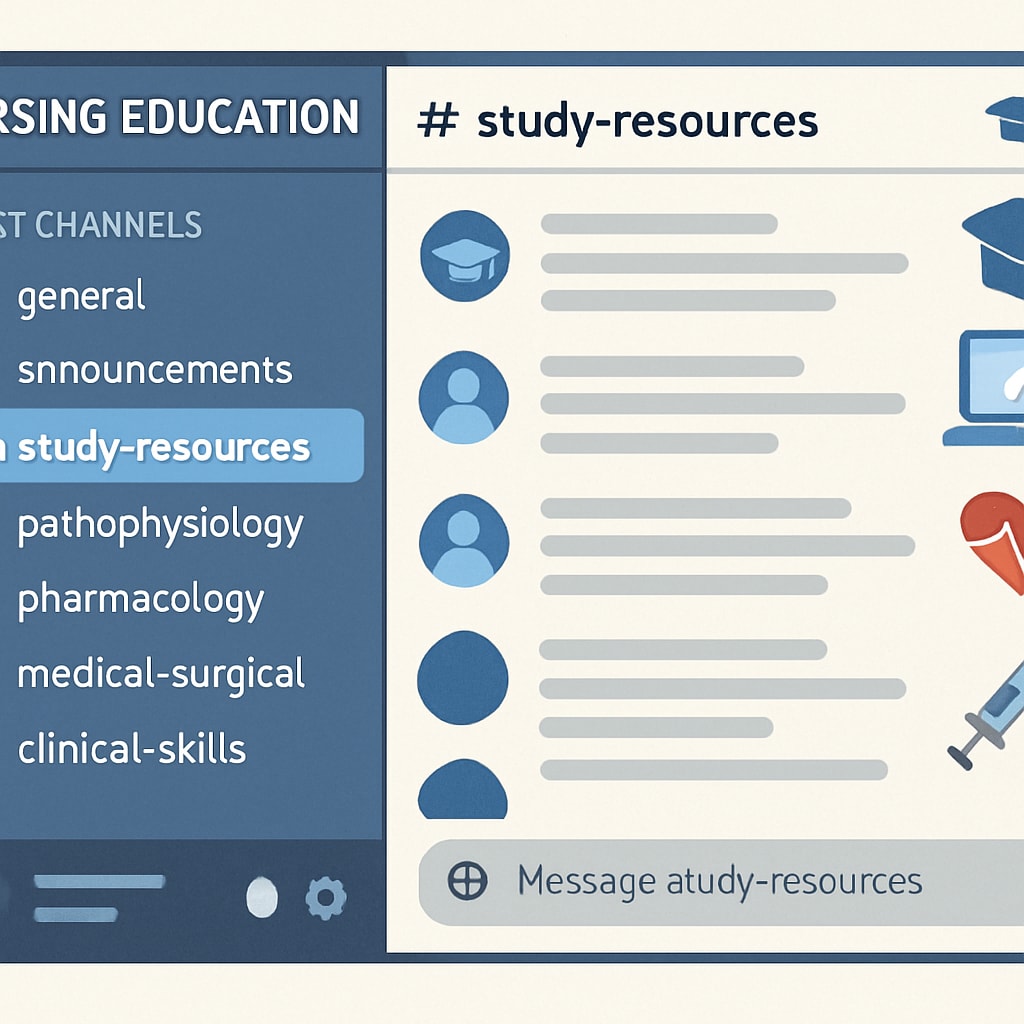 A screenshot of a vibrant Discord server dedicated to nursing education, showcasing various topic-based channels. Discord server for nursing education with topic-based discussion channels.