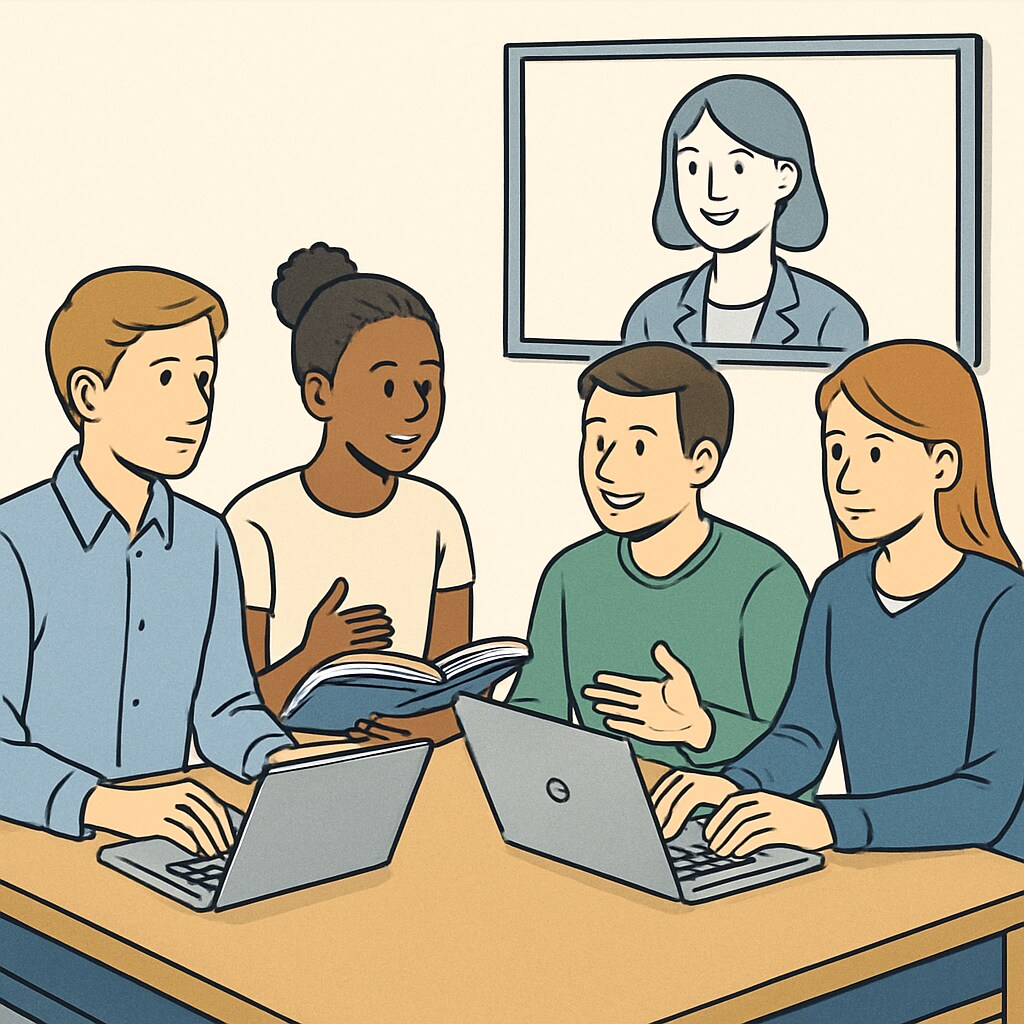 A group of students using laptops and discussing study materials in a virtual setting, symbolizing online collaboration. Nursing students discussing study materials in an online learning environment.