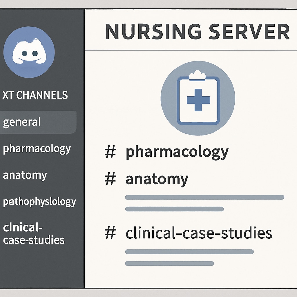 A screenshot of a Discord server with multiple channels dedicated to nursing topics like pharmacology, anatomy, and clinical case studies. Discord server with nursing-related channels for study groups.