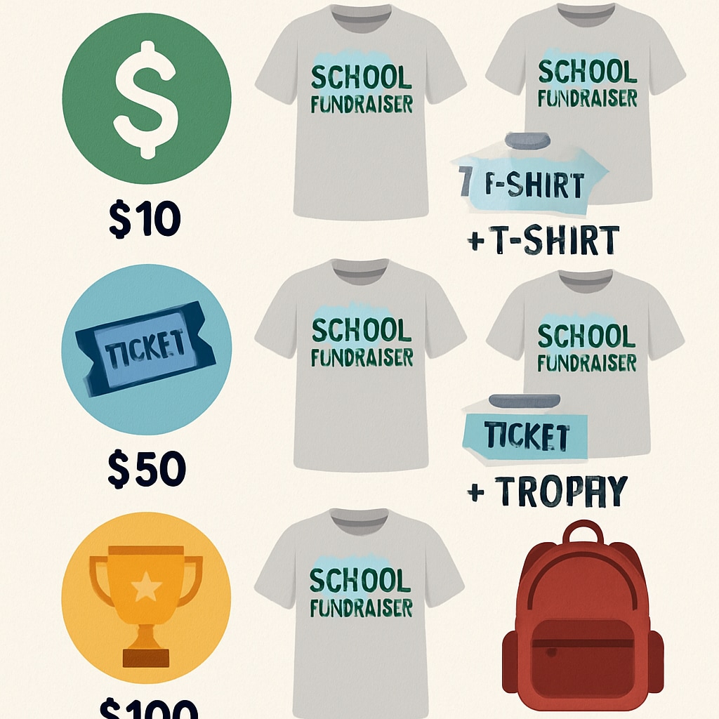 A school fundraising event featuring reward tiers displayed, showing different perks for various donation levels. School fundraising event highlighting donation tiers and rewards.