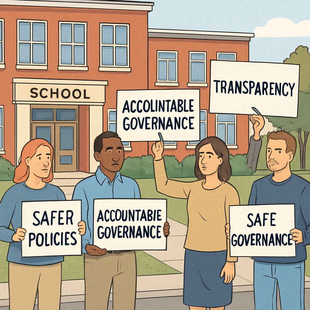 A group of parents holding signs outside a school, advocating for safer governance policies and transparency. Parents advocating for safer school governance policies.