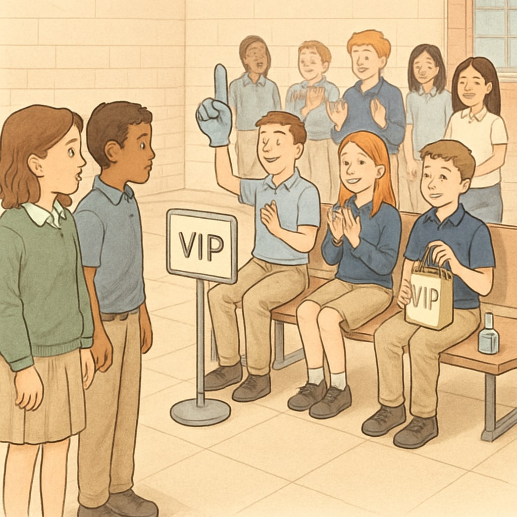 Students at a school event, with some visibly enjoying VIP perks while others look on from a distance. School event showing the impact of tiered rewards on student inclusion.