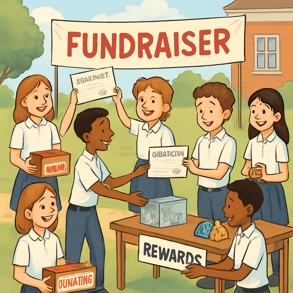 A group of students participating in a school fundraiser, some receiving rewards for higher donations. Students participating in a school fundraiser, highlighting donation-based rewards.