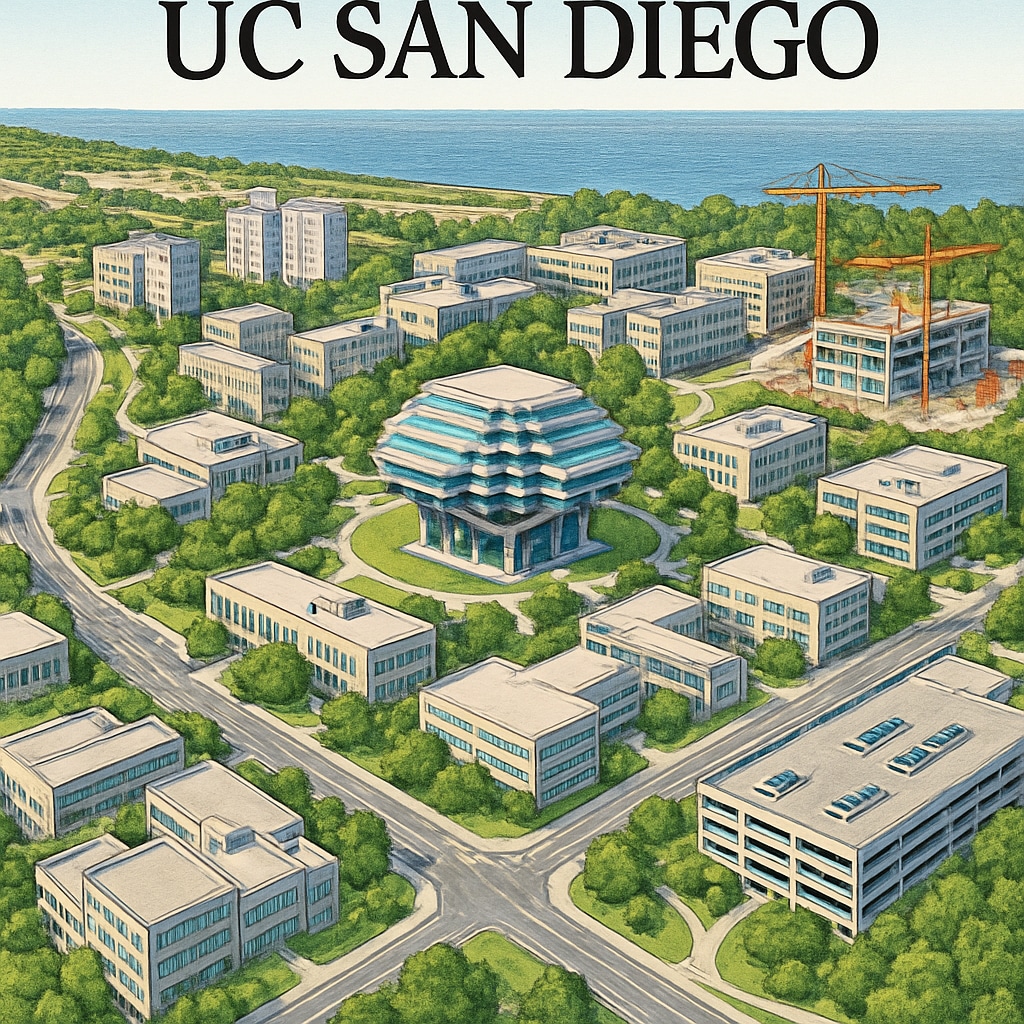 Aerial view of UC San Diego campus, showcasing its modern infrastructure and ongoing expansion projects. UC San Diego campus aerial view highlighting expansion efforts.