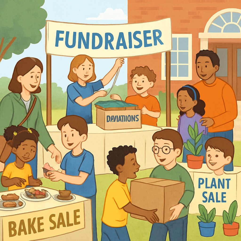 A community event with students, teachers, and parents participating equally in a school fundraiser. A school fundraiser event promoting inclusivity and equal participation.
