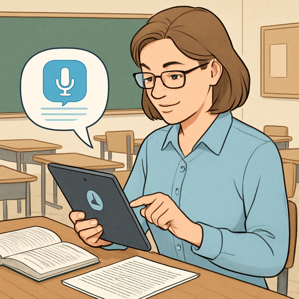 A teacher using a speech-to-text app on a tablet while reviewing student assignments. Teacher improving efficiency with speech-to-text technology for documentation.