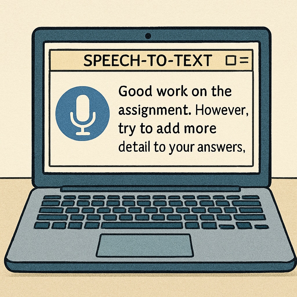 Illustration of a laptop screen showing a speech-to-text application transcribing feedback for students. Laptop displaying speech-to-text transcription for student feedback.