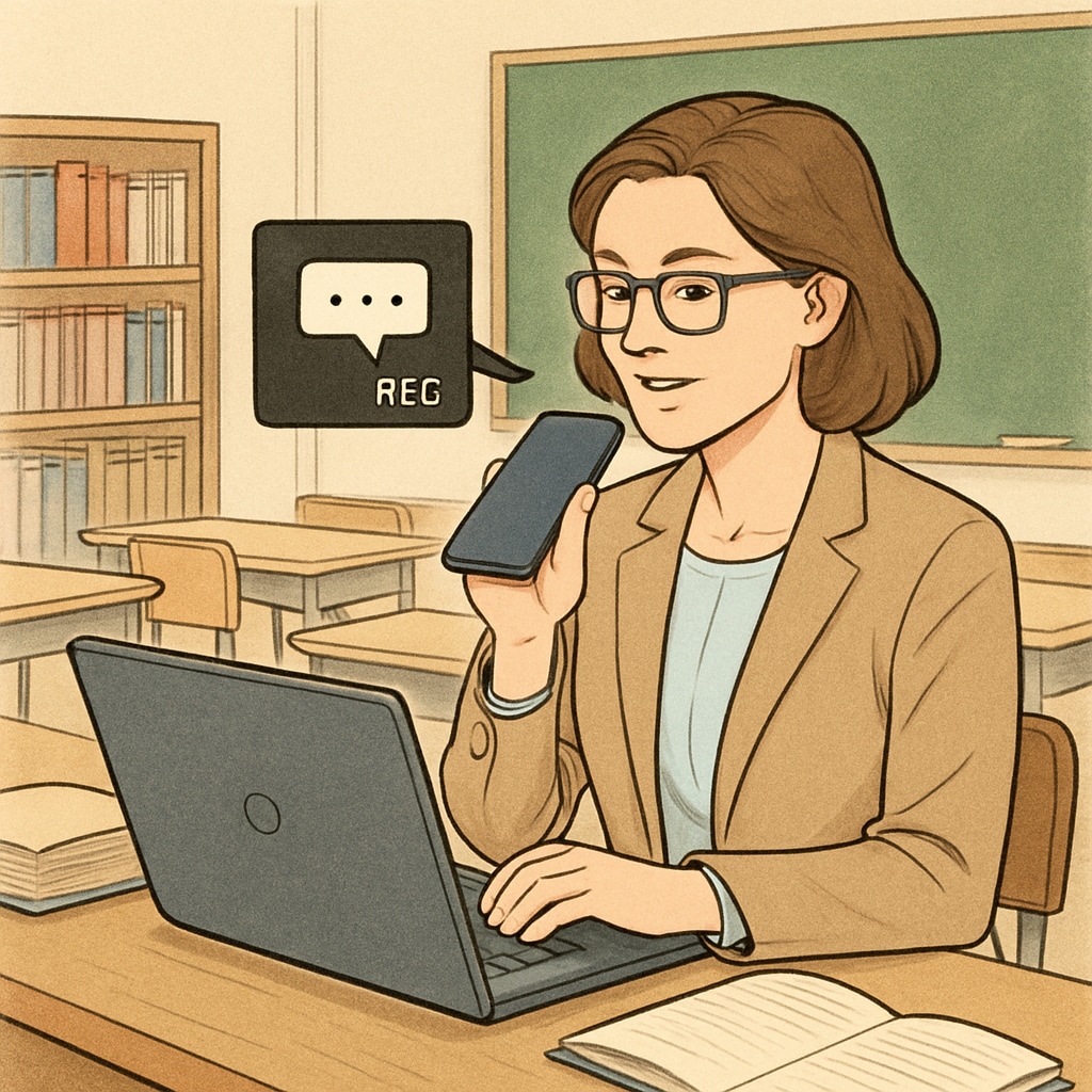 A teacher using a speech-to-text tool like WillowVoice to record feedback on a laptop in a classroom setting. Teacher using WillowVoice for feedback transcription in a classroom.