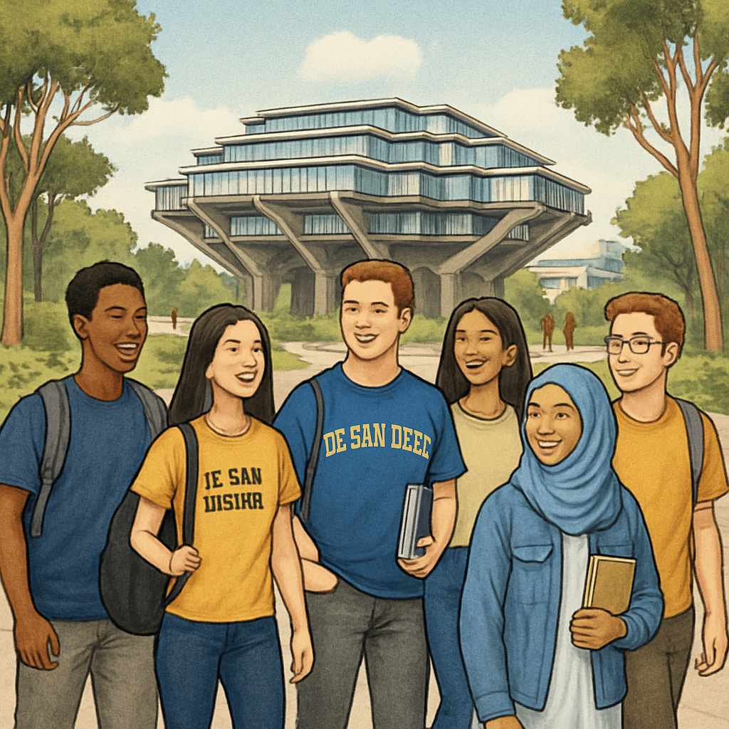 A group of diverse UC San Diego students walking across campus, symbolizing the university's growing enrollment. UC San Diego students walking across campus, representing enrollment growth.