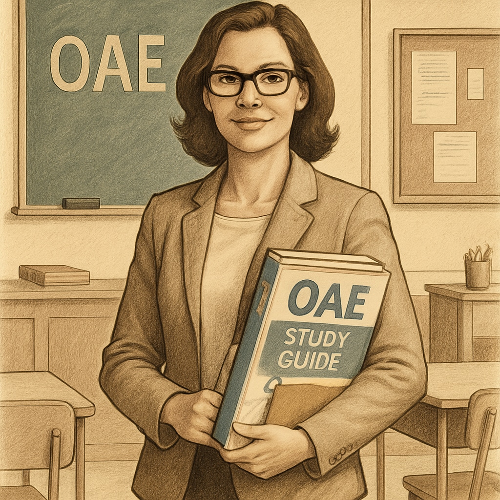 A confident teacher holding study materials, symbolic of preparation for the Ohio Assessments for Educators (OAE). Teacher with study materials preparing for OAE exam.
