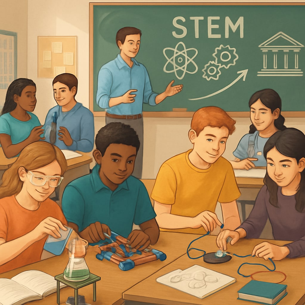 A classroom of high school students engaged in STEM activities, highlighting the connection between K-12 and higher education. High school students in a STEM-focused classroom, showcasing curriculum development.