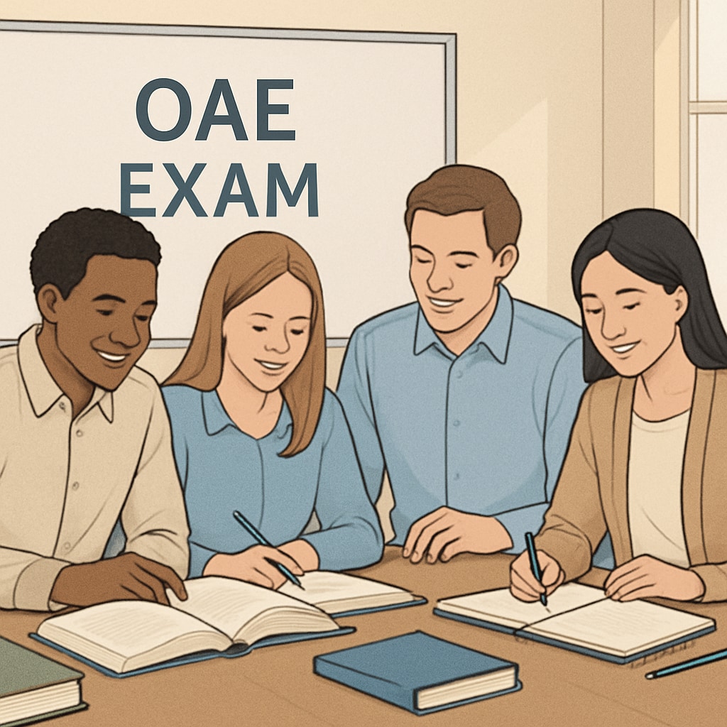 A group of aspiring teachers participating in a study group for the OAE exam, showcasing collaboration and shared learning. Aspiring teachers studying together for the OAE exam.