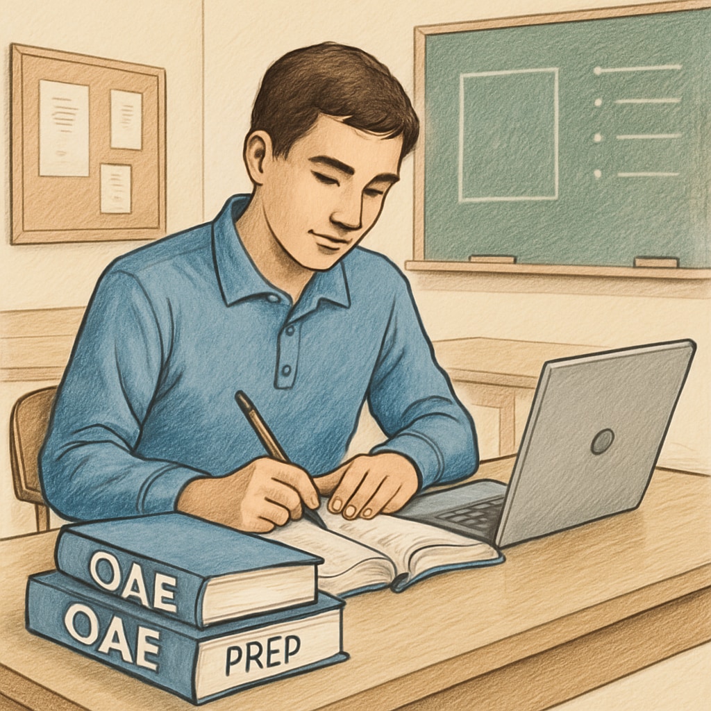 A student sitting at a desk with OAE preparation books and a laptop, symbolizing productive studying. Student studying for the OAE exam with books and a laptop.