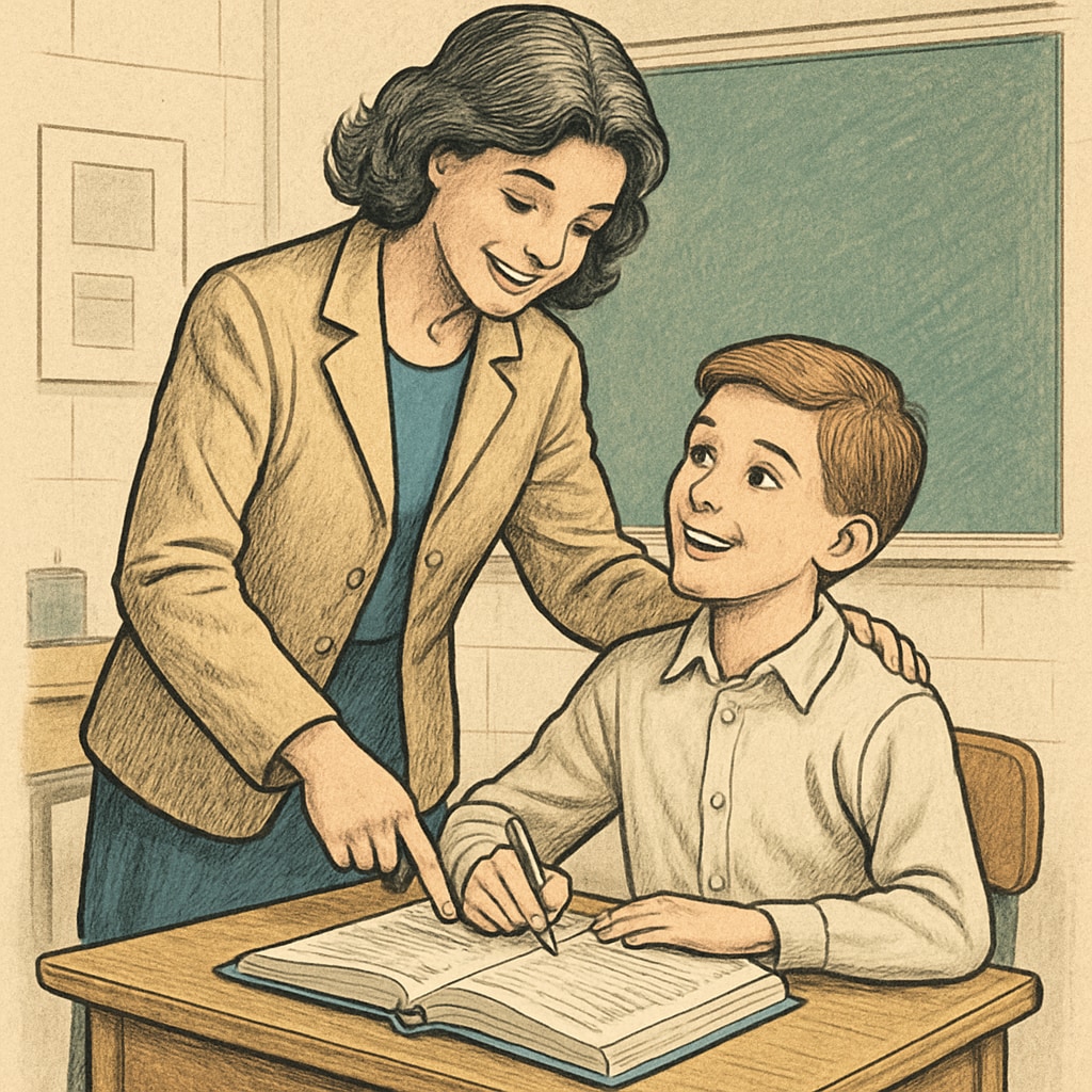 A teacher guiding a student in a classroom setting, symbolizing support and encouragement in education. Teacher and student in a classroom, representing strict methods balanced with care.