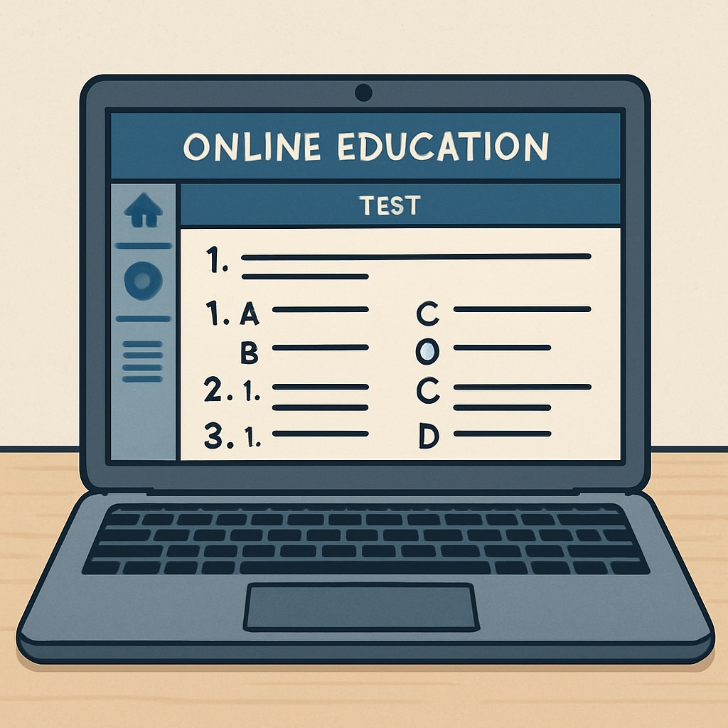 A laptop displaying an online education platform with test questions visible, representing K12 education test resources. Online education platform showcasing K12 test resources.