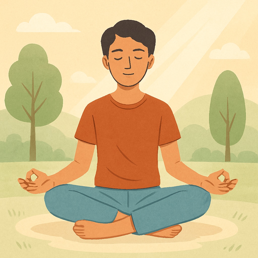 A serene environment with a person meditating, representing stress management techniques for exams. Stress management techniques like meditation for OAE exam preparation.