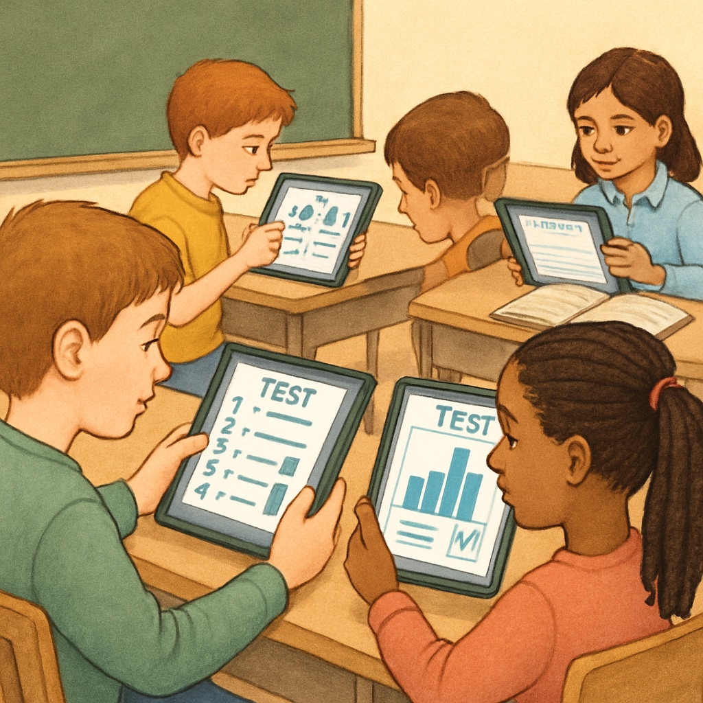 Students using tablets in a classroom setting, with test-related graphics displayed, emphasizing professional tools for K12 education. Students working on tablets with K12 test tools visible.