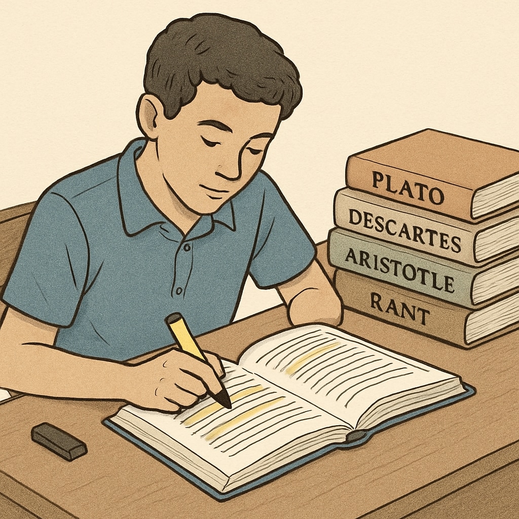 A student reading a psychology book at a desk with philosophical texts nearby. The student looks immersed and is highlighting key sections in the book. Student reading psychology and philosophy books for learning