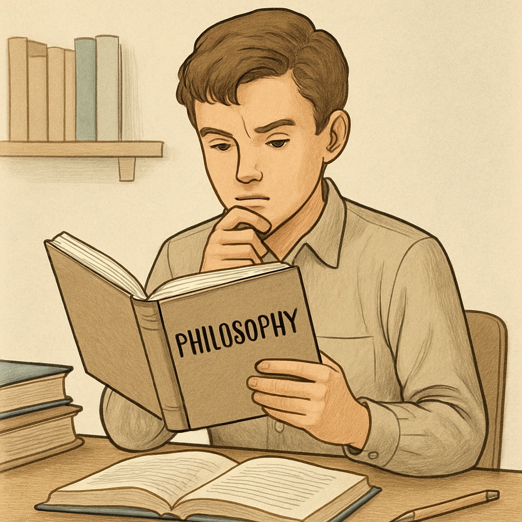 A young student reading a philosophy book at a desk with a thoughtful expression, representing self-learning in philosophy and psychology. Young student exploring philosophy and psychology through self-learning.