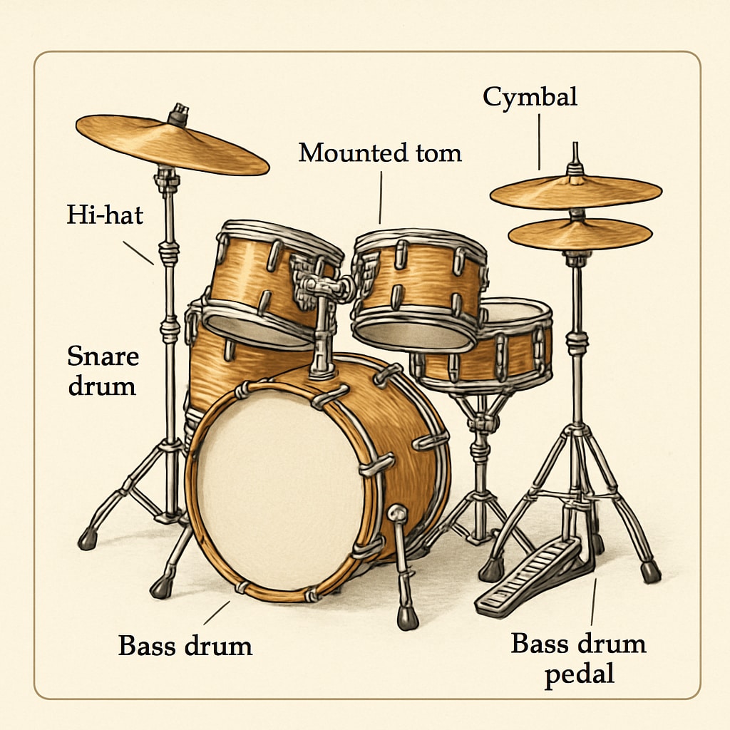 A professional drum set symbolizing the pursuit of excellence and artistic mastery, inspired by the rigorous training in Professional drum set representing excellence and artistic mastery in education.
