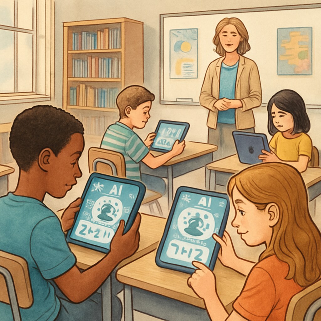 Students using advanced AI-powered tablets for personalized learning in education.