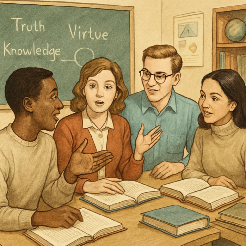 A group of students discussing philosophical ideas in a classroom setting, symbolizing collaborative learning methods. Students debating philosophical questions to enhance critical thinking.