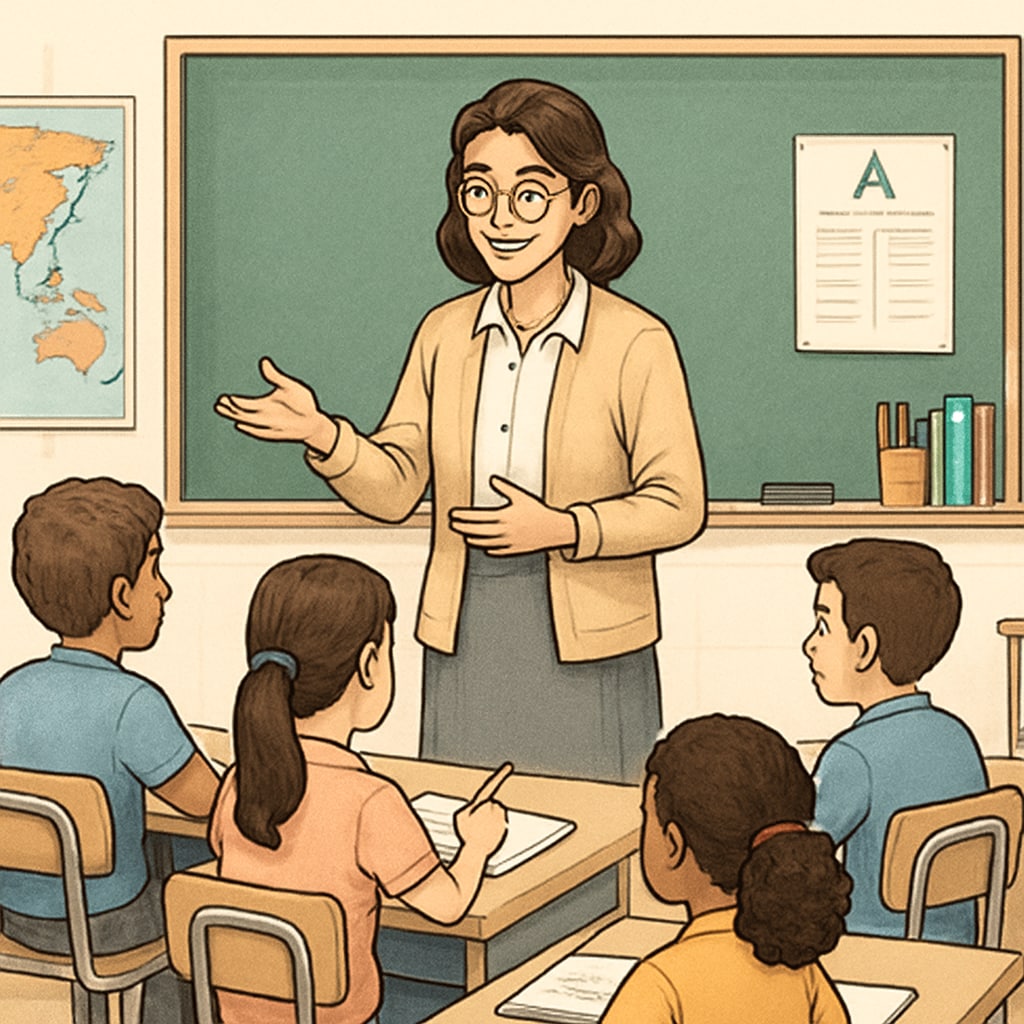 A classroom setting where a teacher is encouraging students, representing empathy and guidance in education. Classroom setting with teacher providing empathetic guidance.