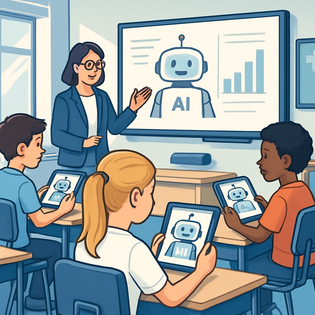 AI-powered learning tablets used by students in a futuristic classroom.