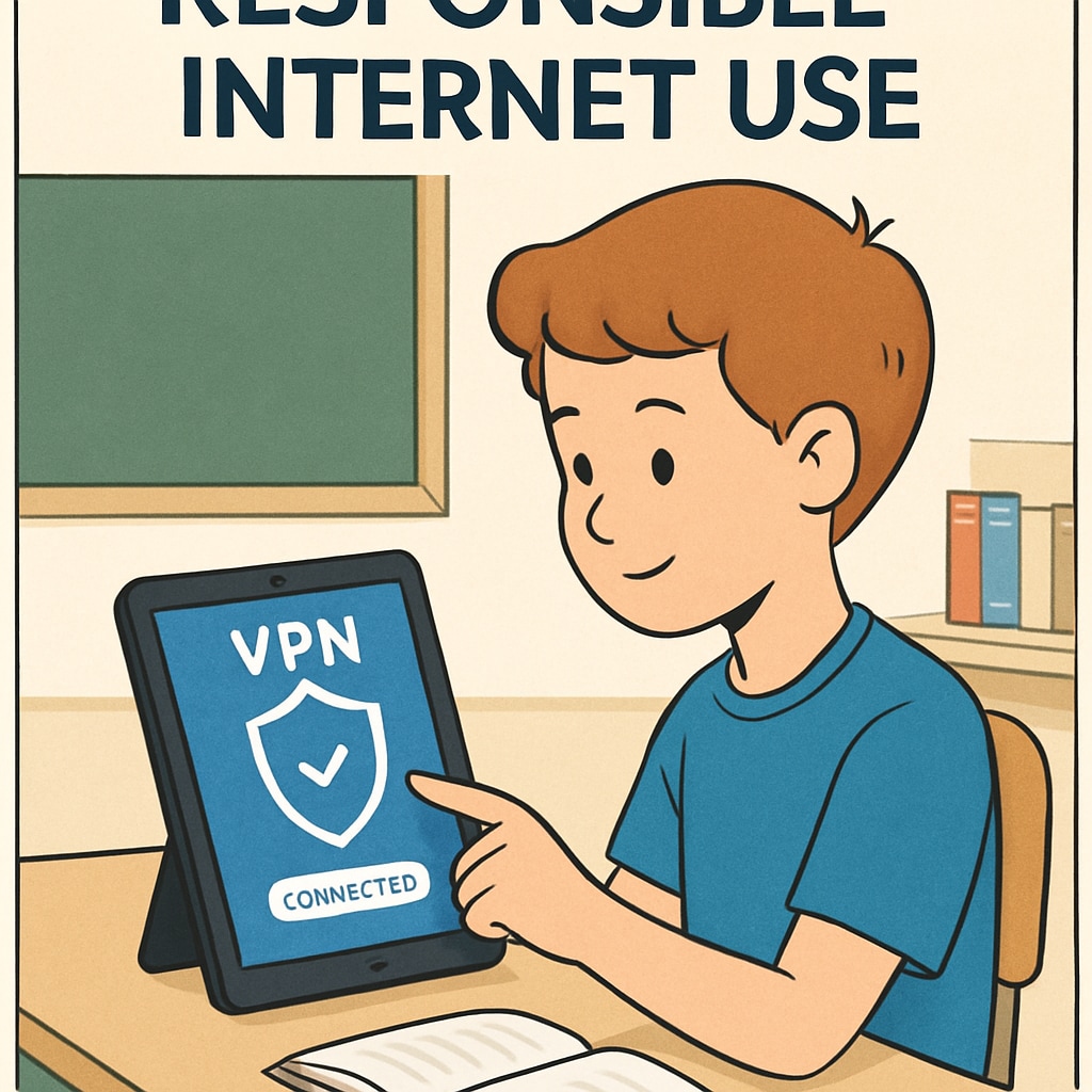 An illustration showing a young student using a tablet with a VPN application active, symbolizing concerns about responsible internet use. Student using a VPN application on a tablet, highlighting digital citizenship concerns.