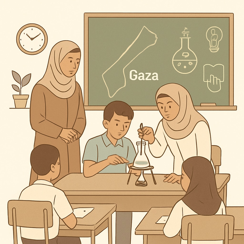 Science education in Gaza classrooms with students conducting experiments.