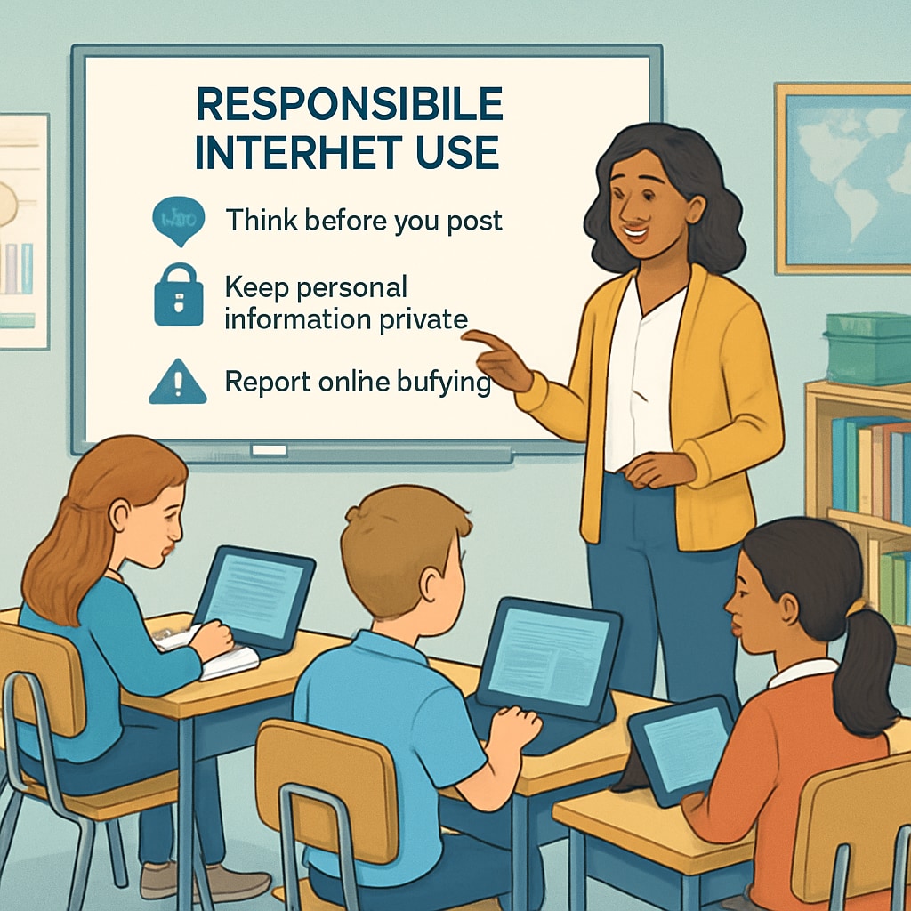 A classroom setting where a teacher is conducting a digital literacy workshop with students, emphasizing responsible internet use. Teacher leading a digital literacy workshop in a classroom to promote internet safety.