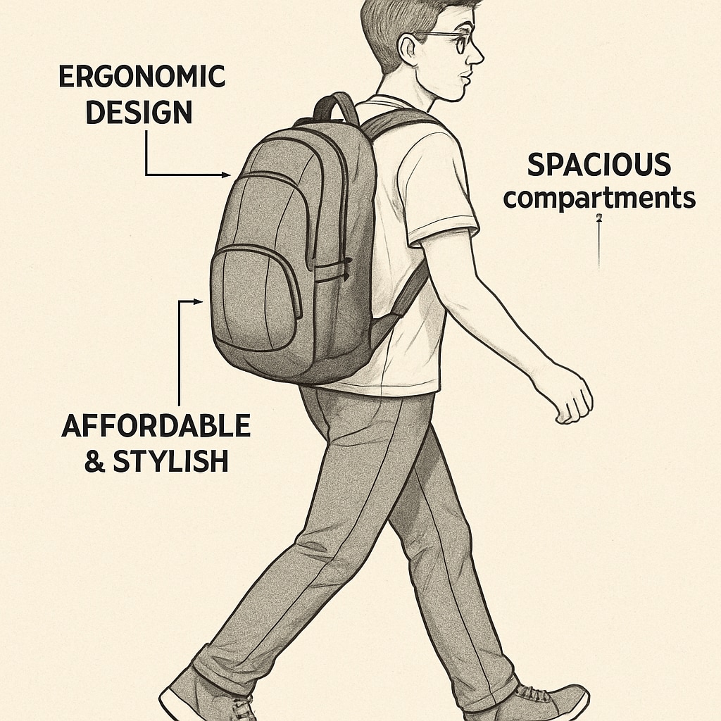 A college student walking with a stylish and affordable backpack, showcasing its ergonomic design and spacious compartments. College student with ergonomic and affordable backpack