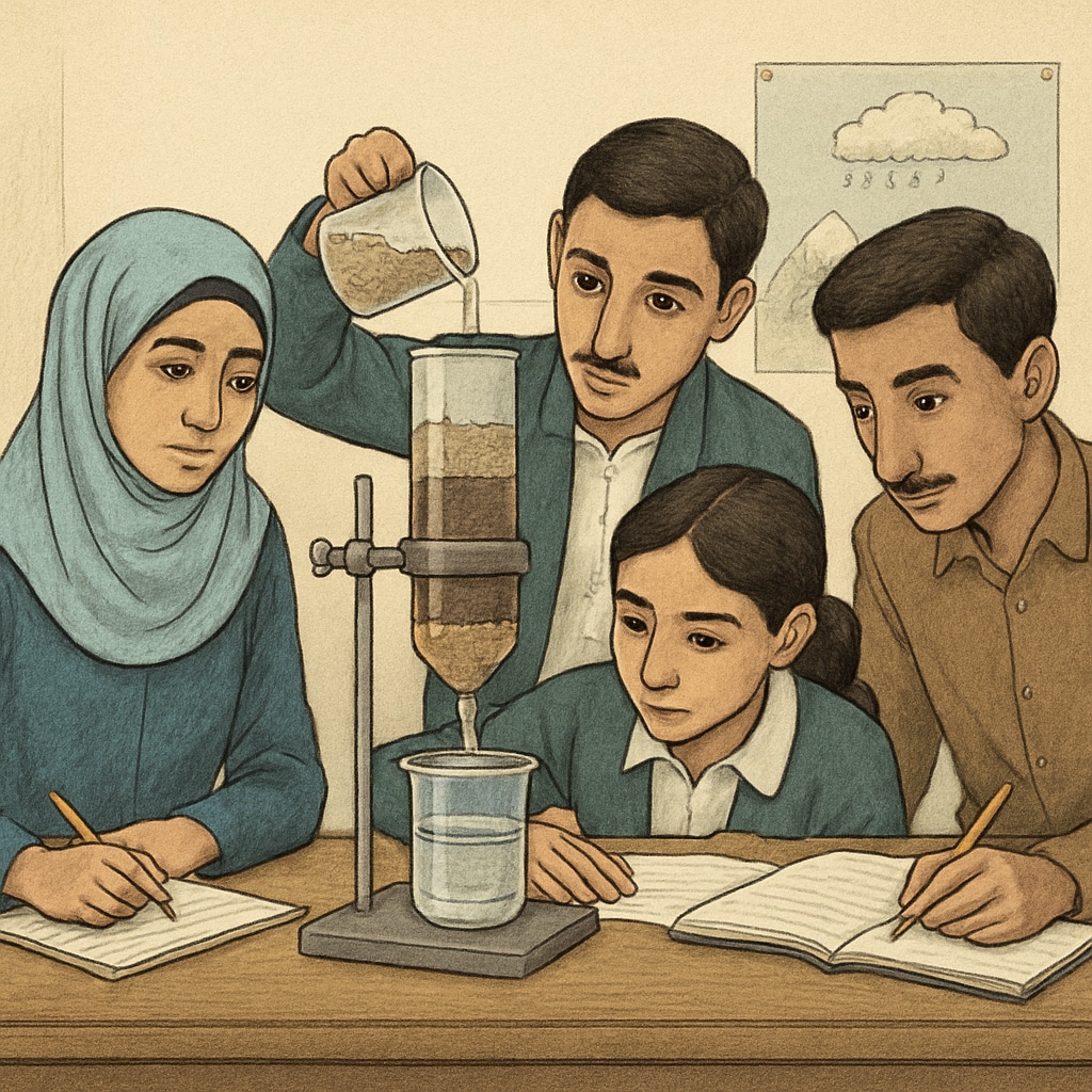 Gaza students working on a water filtration science project.