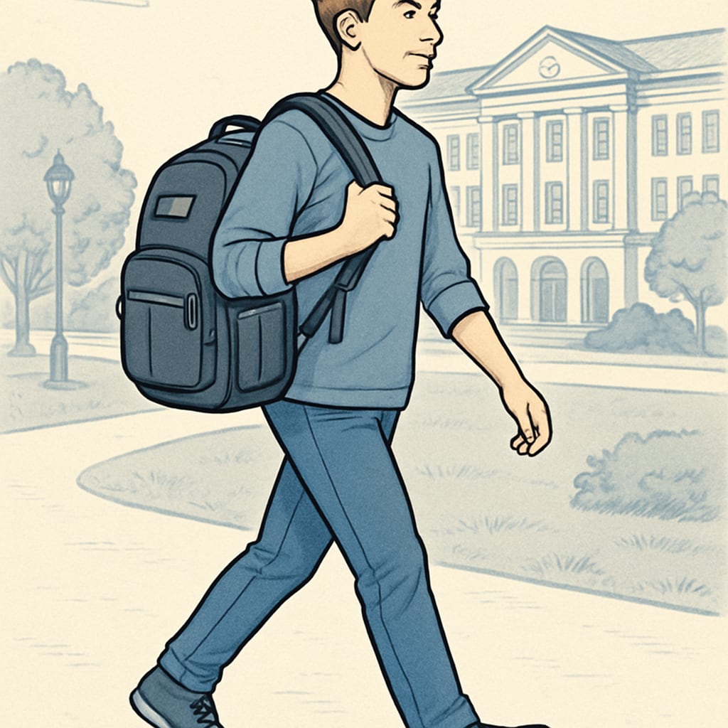 College student carrying an affordable and practical backpack across campus.