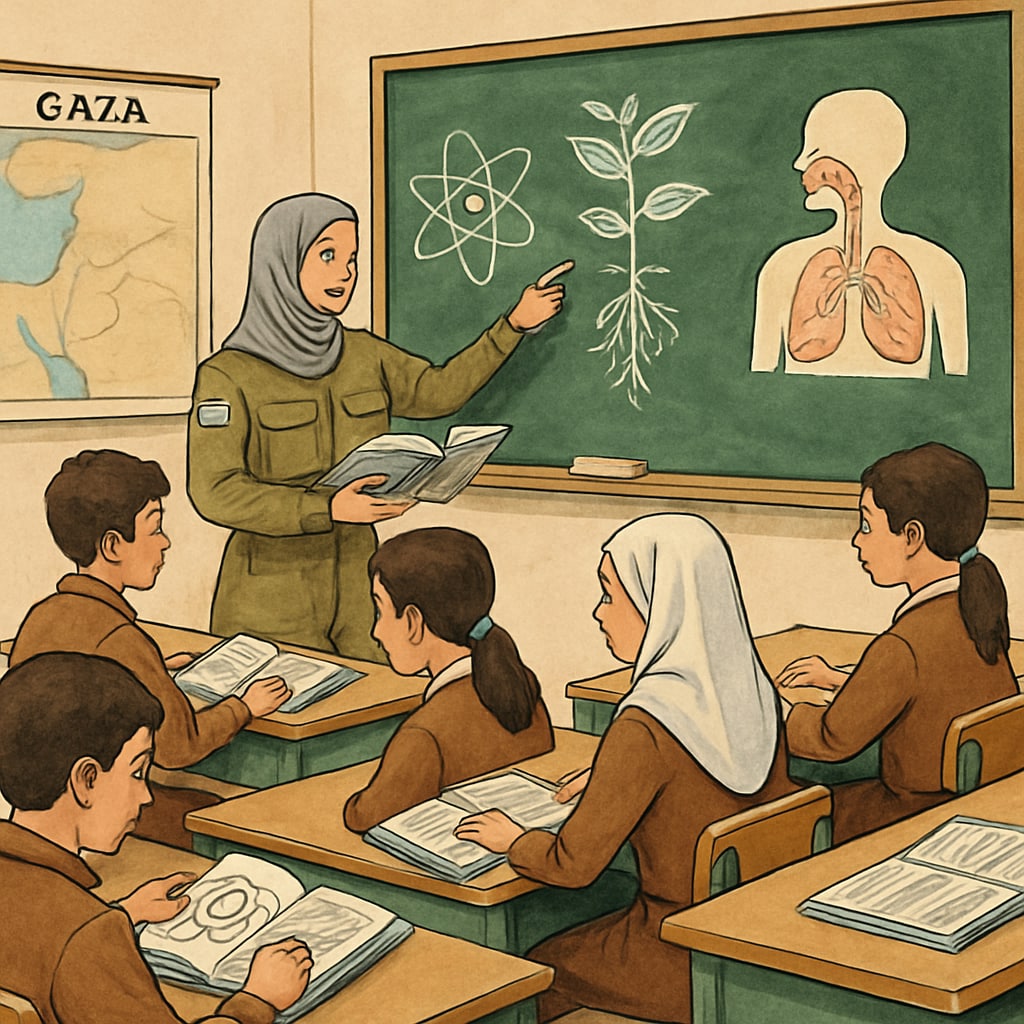 A classroom in Gaza with students learning science topics in an IDF-controlled school Gaza classroom focused on science education under IDF control