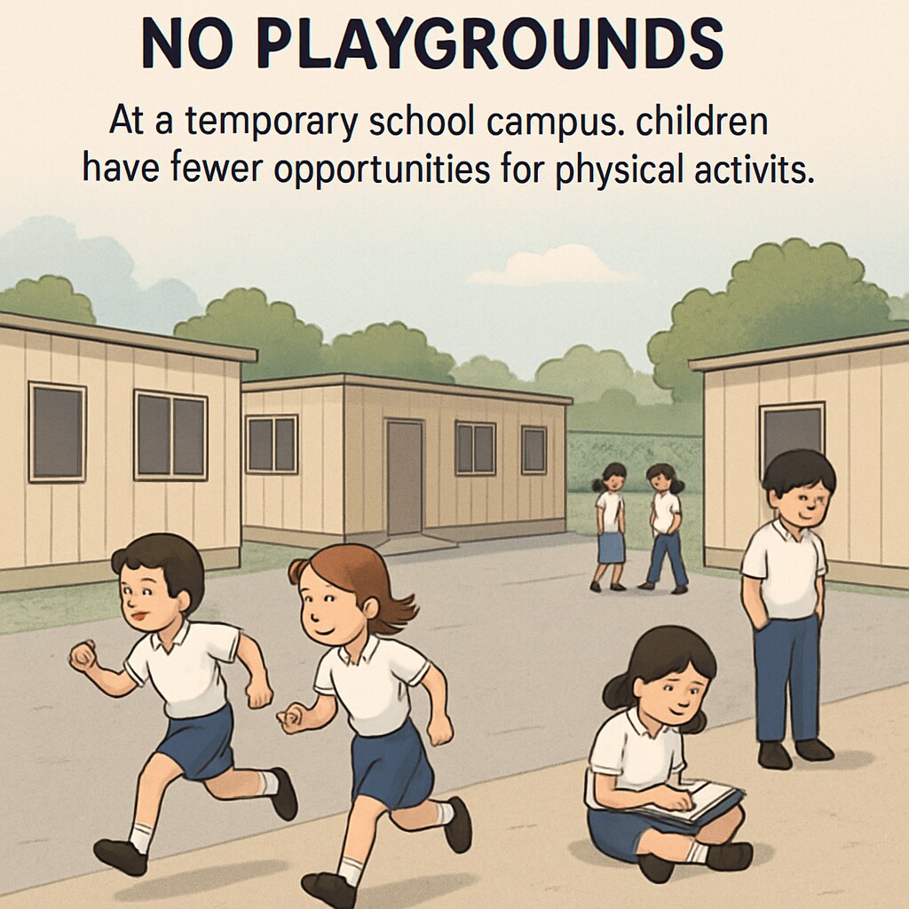 A photo of children at a temporary school campus, where playgrounds are missing, highlighting the impact on their physical activities. Children at a temporary school campus without playground facilities.