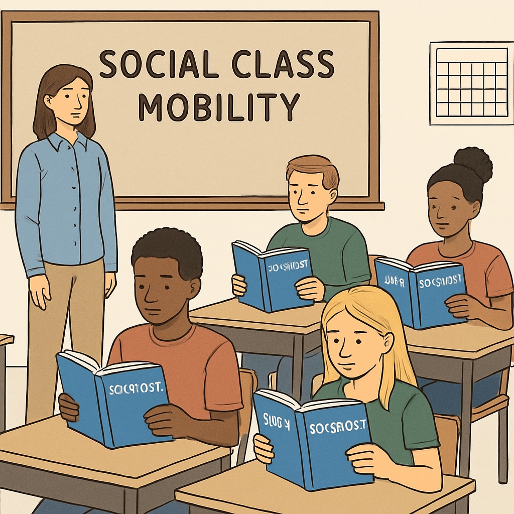 A classroom setting with students reading sociology textbooks, emphasizing the concept of social class mobility. Students in a classroom reading sociology textbooks on social class mobility.