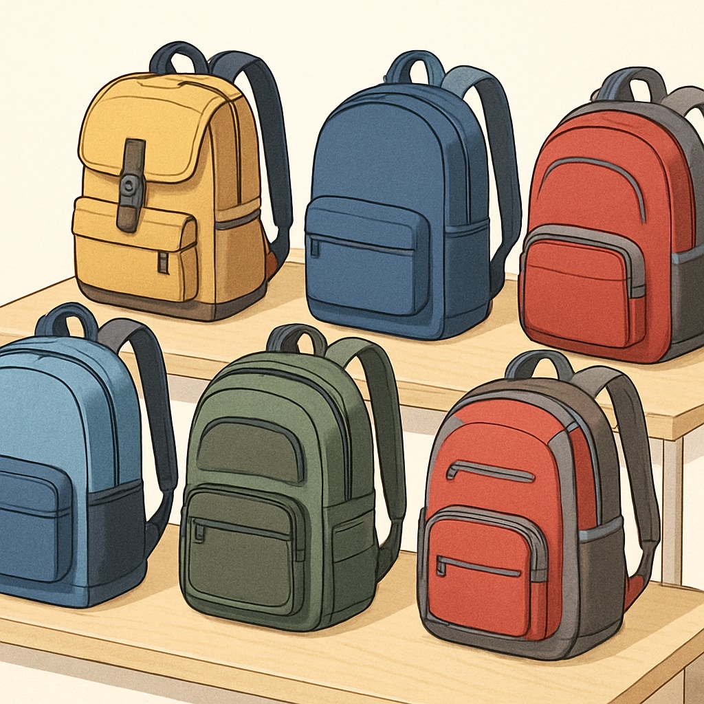 Display of budget-friendly backpacks highlighting styles and features for college students.