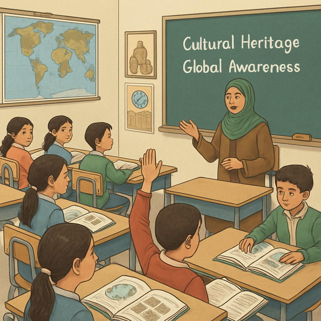 Students in Gaza participating in a social studies class focusing on cultural heritage and global awareness Social studies lesson in Gaza emphasizing cultural identity and global perspectives