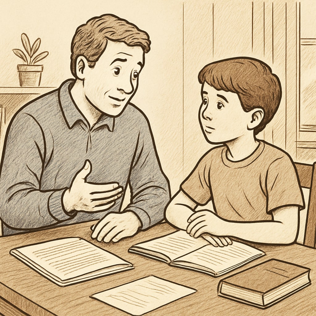 A supportive parent talking to their child about school changes, emphasizing the importance of communication during transitional periods. Parent comforting child about the challenges of school relocation.