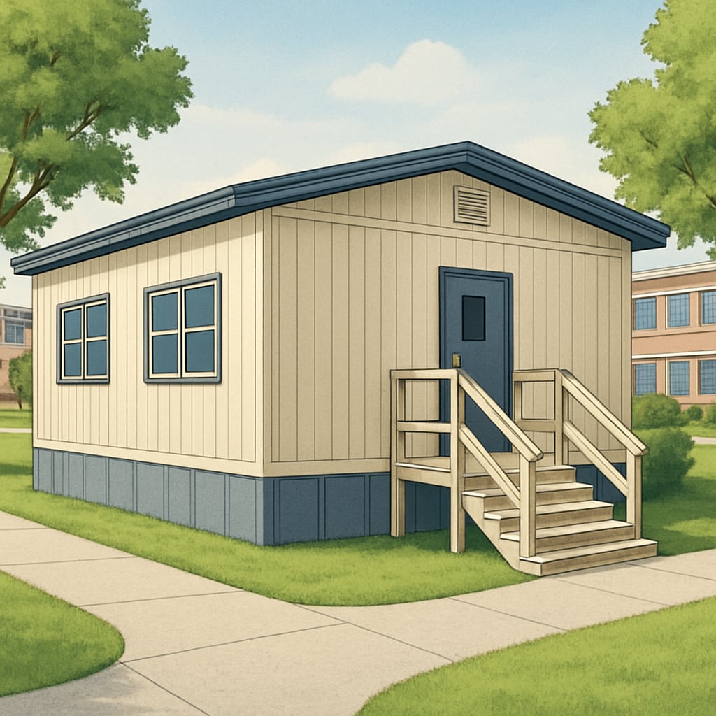 A trailer classroom setup on a high school campus, illustrating the temporary nature of the environment. Temporary school environment featuring trailer classrooms on a high school campus.