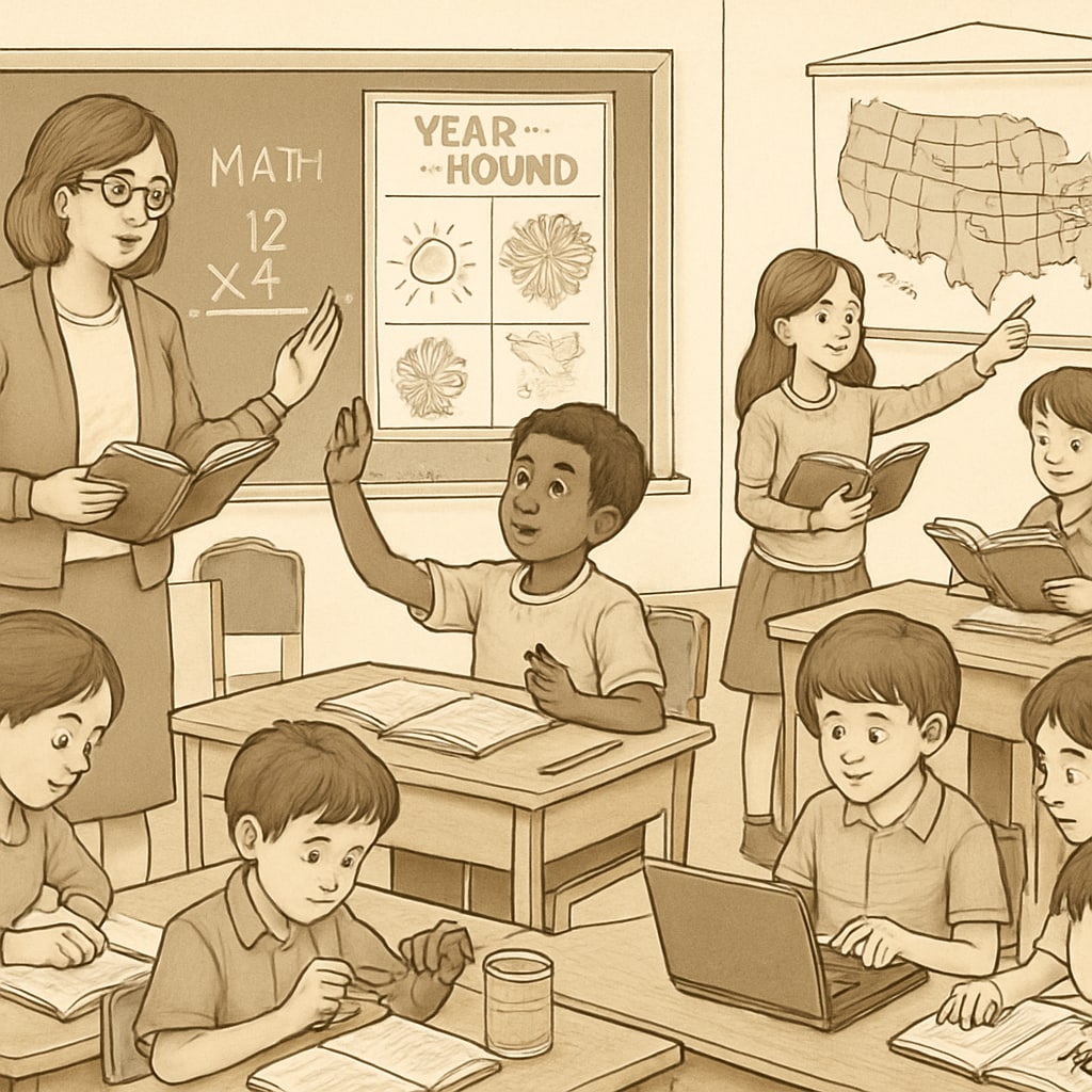 A classroom of students engaged in year-round schooling activities, symbolizing the continuous learning approach. Year-round education classroom with students focusing on learning activities.