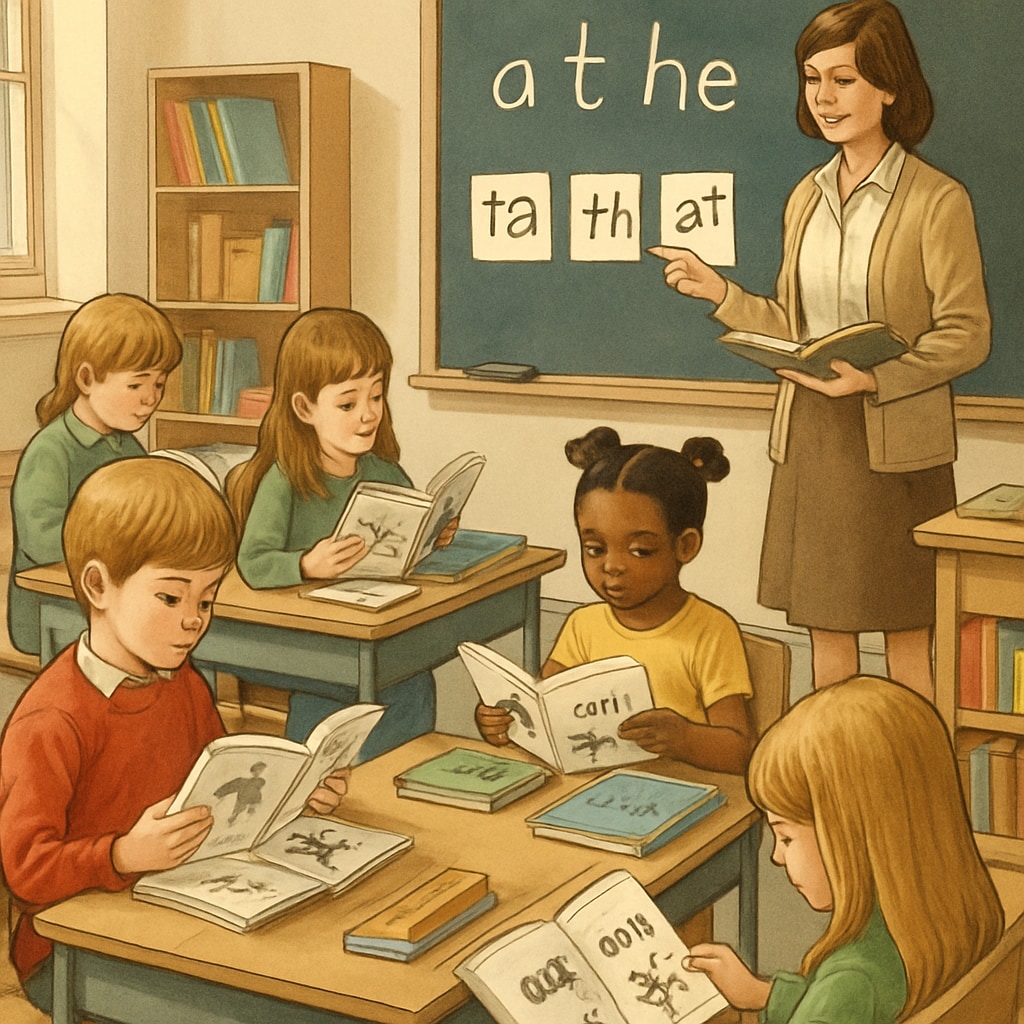 A classroom in the 1970s where children are learning to read using the Initial Teaching Alphabet. Children learning to read using the Initial Teaching Alphabet in a 1970s classroom.