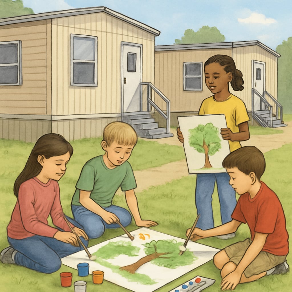 Children participating in a creative activity outdoors near trailer classrooms, showcasing adaptability in limited environments. Kids engaging in outdoor creativity near temporary trailer classrooms.