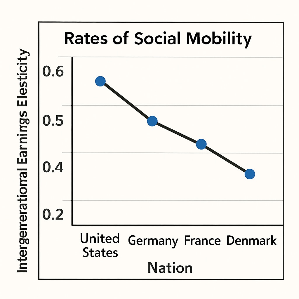 A graph comparing social mobility rates between different nations, such as the United States and Denmark. Graph illustrating social mobility rates across countries for comparative analysis.