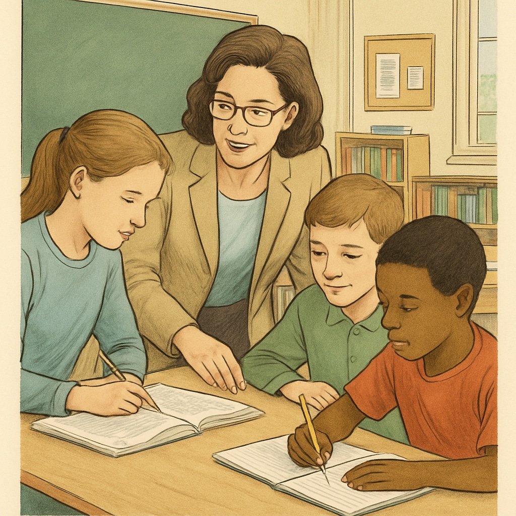 A teacher assisting students in a structured, year-round classroom environment during a Teacher and students in a year-round education setup during an on-week session.