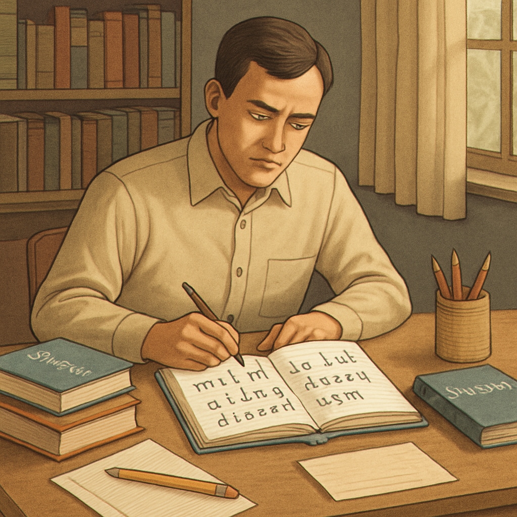An adult revisiting childhood notebooks written in the Initial Teaching Alphabet, reflecting on its impact on their spelling abilities. Adult reviewing notebooks written in the Initial Teaching Alphabet, reflecting on spelling struggles.