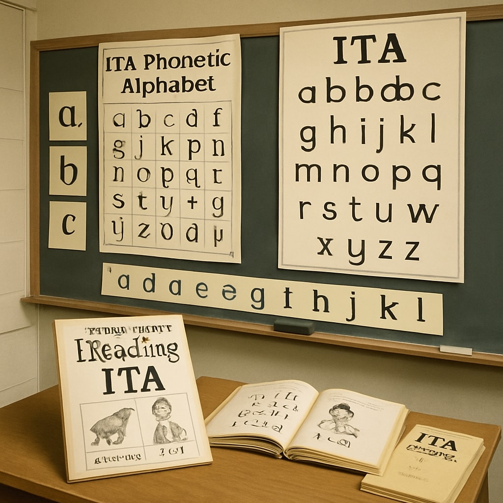 A classroom in the 1970s using ITA teaching materials, showcasing the phonetic alphabet and its distinct characters. Classroom in the 1970s with Initial Teaching Alphabet materials displayed.