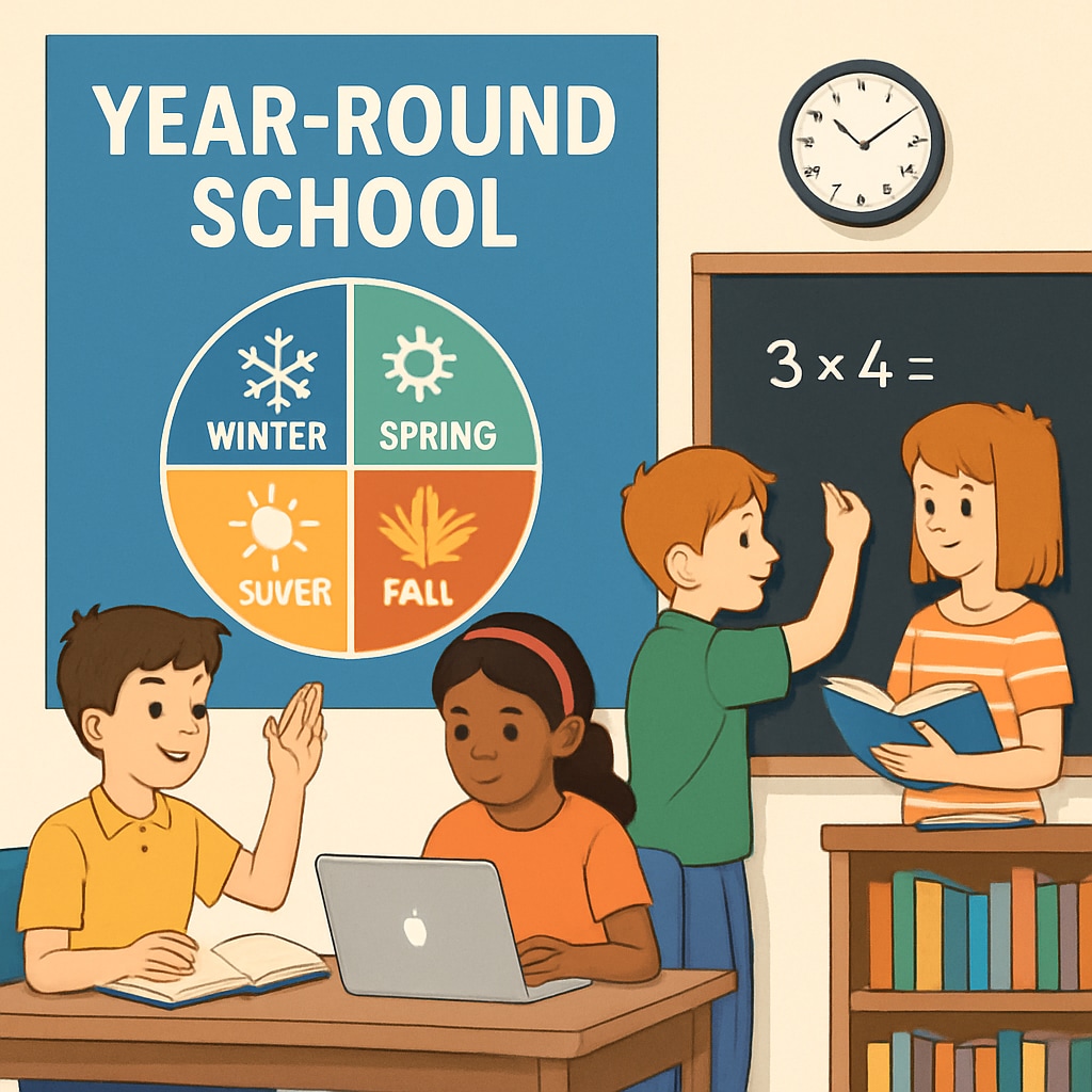 A classroom setting showing students engaged in year-round schooling activities, illustrating the concept of continuous learning. Students participating in year-round schooling classroom activities.