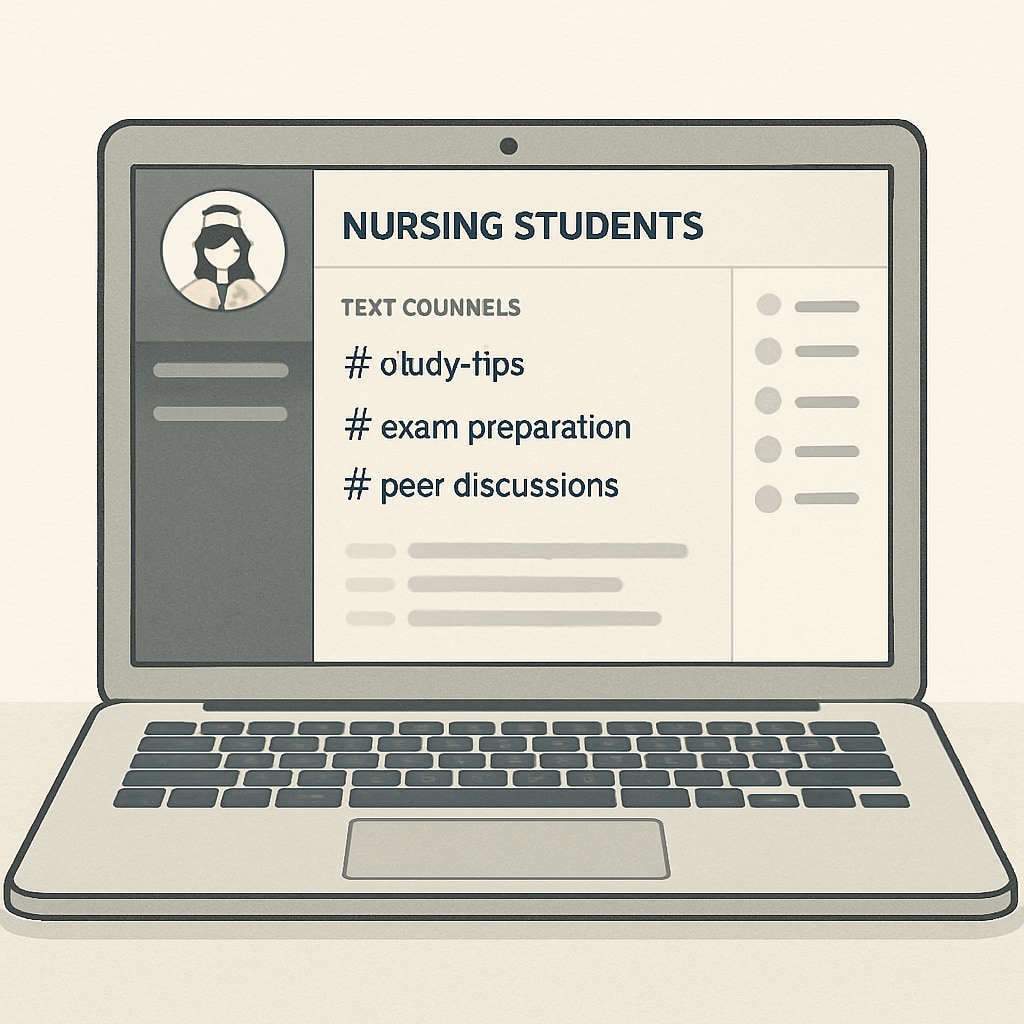 A laptop displaying a Discord server interface designed specifically for nursing students, with organized channels for study tips, exam preparation, and peer discussions. Discord server interface for nursing students, showing study tips and exam preparation channels.